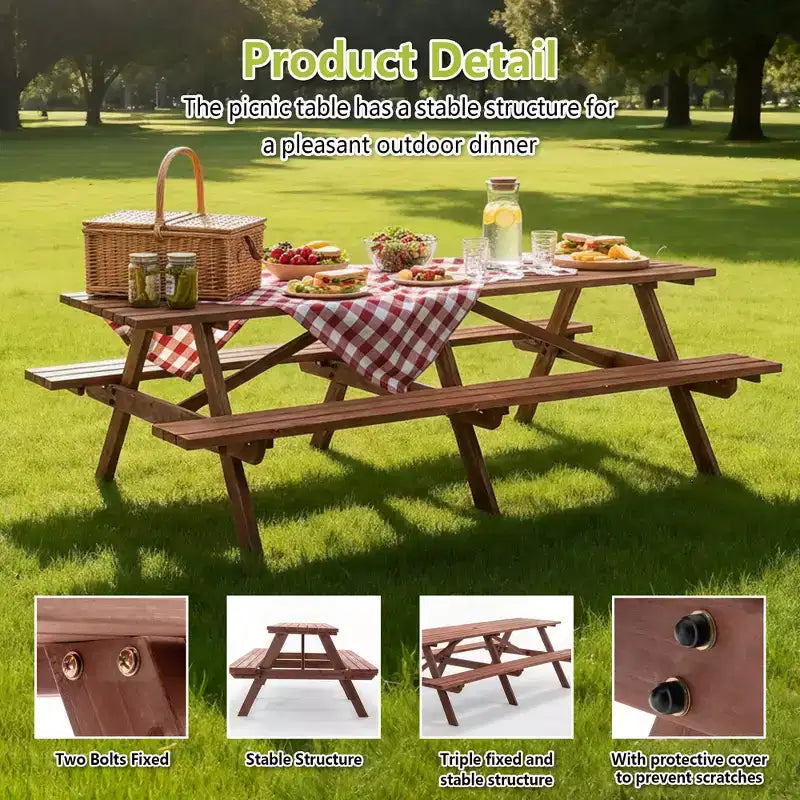 Ensemble table de pique-nique d'extérieur en bois GDFStudio Everfield de 241 cm avec bancs intégrés et trou pour parasol