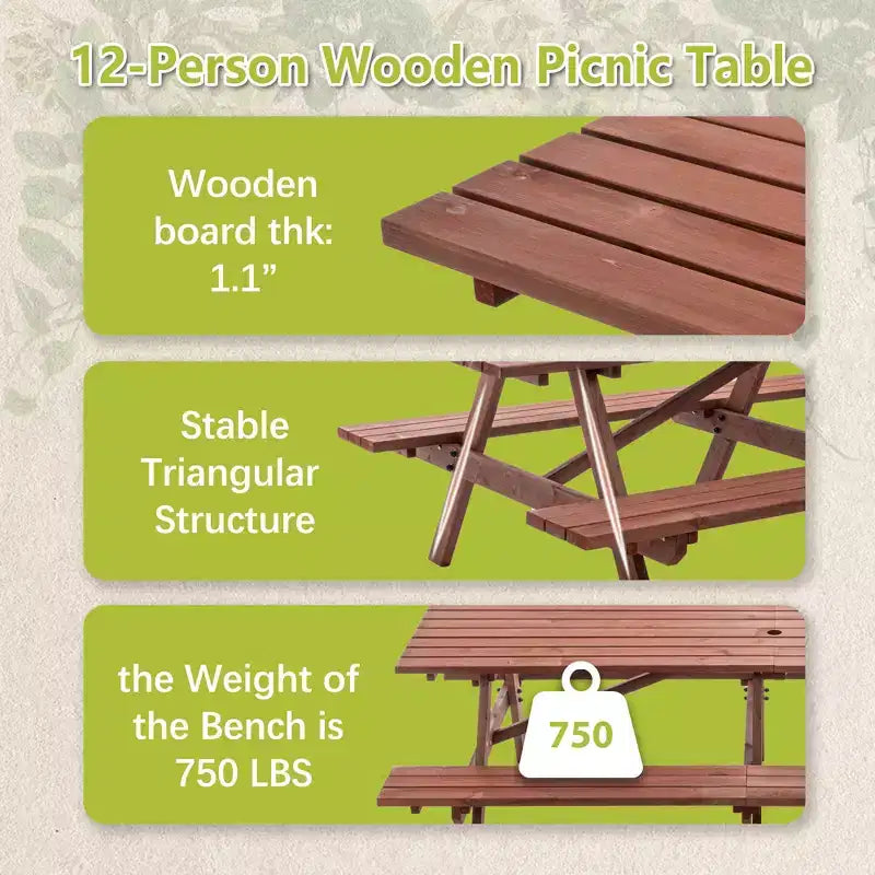 Ensemble table de pique-nique d'extérieur en bois GDFStudio Everfield de 241 cm avec bancs intégrés et trou pour parasol