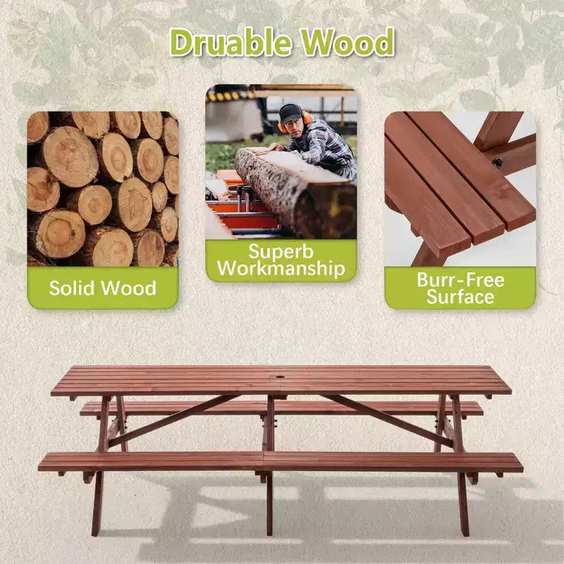 Ensemble table de pique-nique d'extérieur en bois GDFStudio Everfield de 241 cm avec bancs intégrés et trou pour parasol