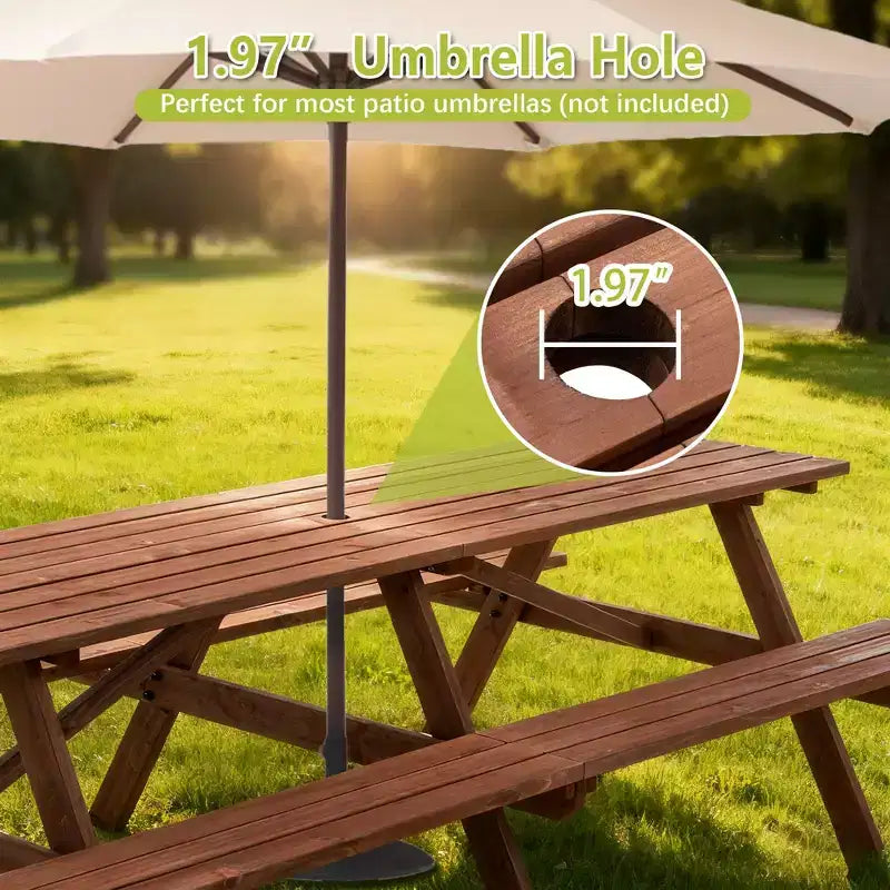 Ensemble table de pique-nique d'extérieur en bois GDFStudio Everfield de 241 cm avec bancs intégrés et trou pour parasol
