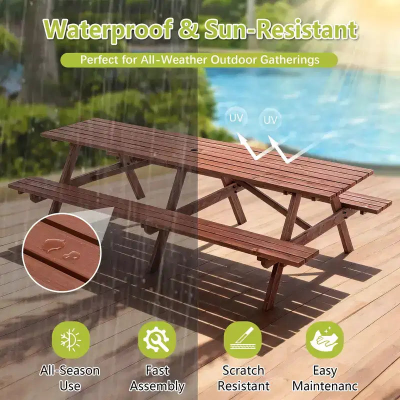 Ensemble table de pique-nique d'extérieur en bois GDFStudio Everfield de 241 cm avec bancs intégrés et trou pour parasol