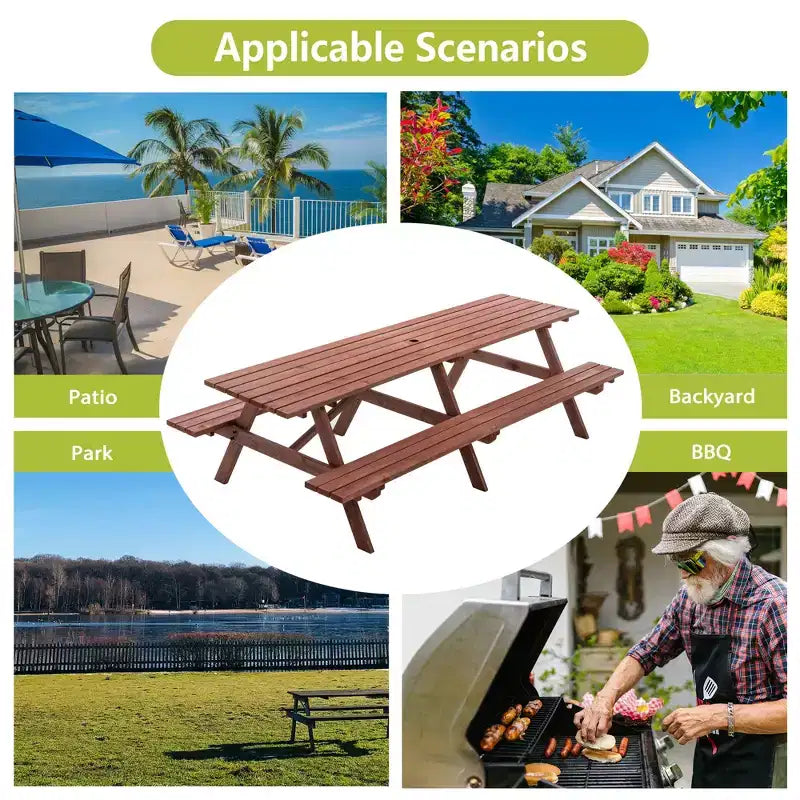 Ensemble table de pique-nique d'extérieur en bois GDFStudio Everfield de 241 cm avec bancs intégrés et trou pour parasol