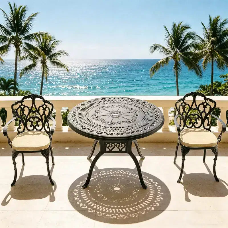 3-Piece Cast Aluminum Patio Dining Set, Black Rust Resistant Frame with Water Resistant Cushions