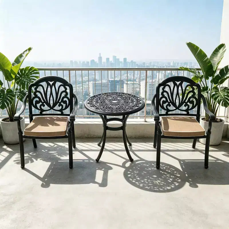 3-Piece Cast Aluminum Patio Dining Set, Black Rust Resistant Frame with Water Resistant Cushions