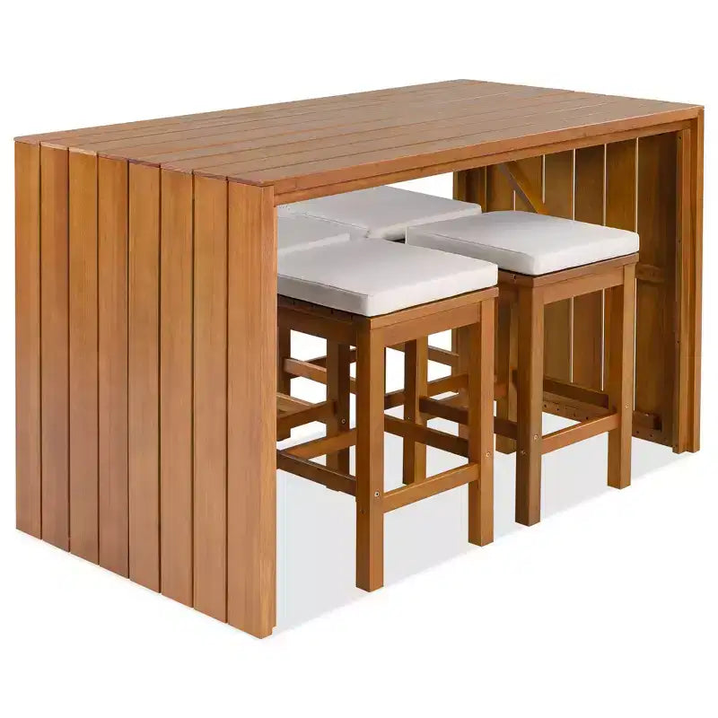 ModernLuxe 5-Piece Outdoor Acacia Wood Patio Bar Set, Bar Height Table with 4 Stools & Beige Cushions for Backyard/Poolside, Natural