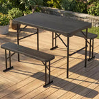 Gymax Folding Patio Picnic Table Set w/ 2 Benches & Metal Frame HDPE Surface for Camping & Backyard