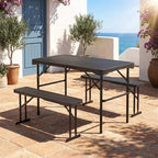 Gymax Folding Patio Picnic Table Set w/ 2 Benches & Metal Frame HDPE Surface for Camping & Backyard