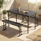 Gymax Folding Patio Picnic Table Set w/ 2 Benches & Metal Frame HDPE Surface for Camping & Backyard