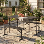 Gymax Folding Patio Picnic Table Set w/ 2 Benches & Metal Frame HDPE Surface for Camping & Backyard