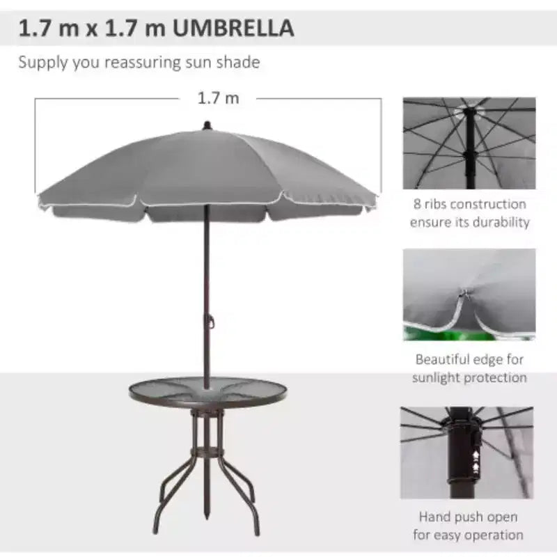 6 Piece Patio Dining Set for 4 with Umbrella/ Outdoor Set with 4 Folding Dining Chairs and Round Glass Table for Garden Backyard and Poolside - Gray