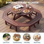 8 Person Wooden Picnic Table, Outdoor Round Camping Dining Table with Built-in Benches & Umbrella Hole, Outside Table Set for Garden Backyard Patio