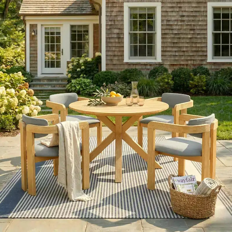 Christopher Knight Home Sandy 5 Piece Rustic Outdoor Acacia Wood Dining Set with 4 Barrel Upholstered Chairs and 1 Round Slatted Table