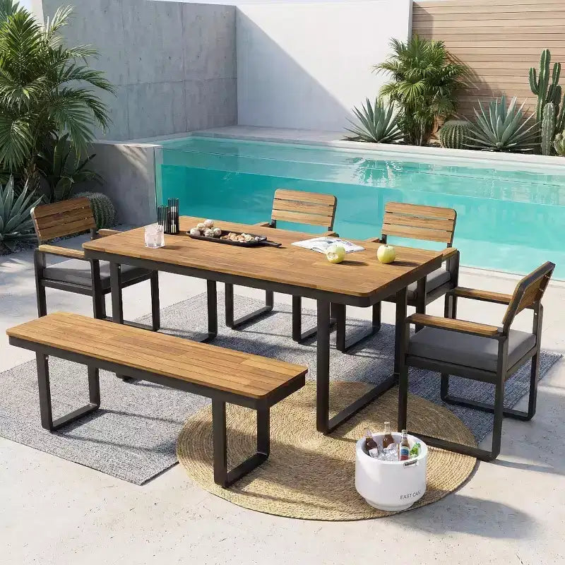 GDFStudio Elvira Patio Modern 6-Piece Acacia Wood Dining Set with Table, 4 Cushioned Chairs and Bench