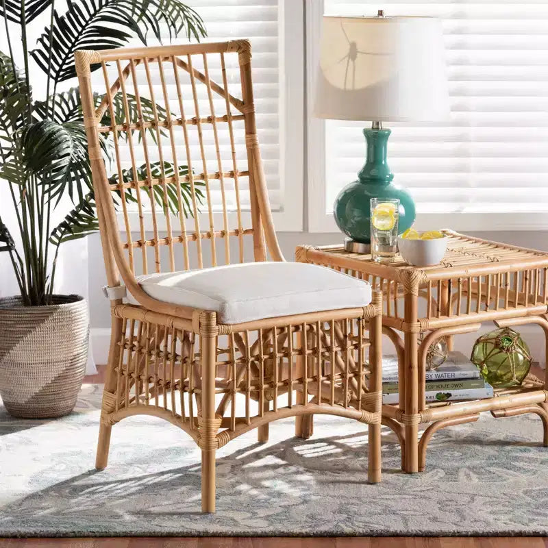 Sedia da pranzo in rattan e tessuto Rose, bianco/naturale: misto cotone-poliestere, stile bohémien, nessun assemblaggio richiesto