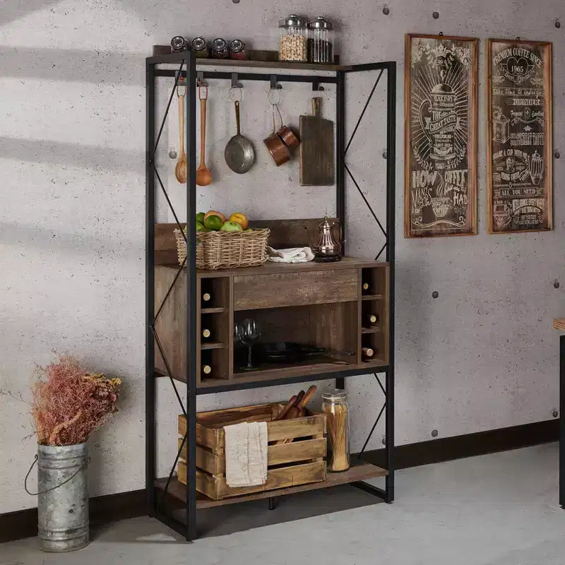Scaffale da Panettiere Rustico in Rovere di Recupero, Stile Industriale, 3 Ripiani Fissi, Struttura in Metallo, Altezza 170 cm