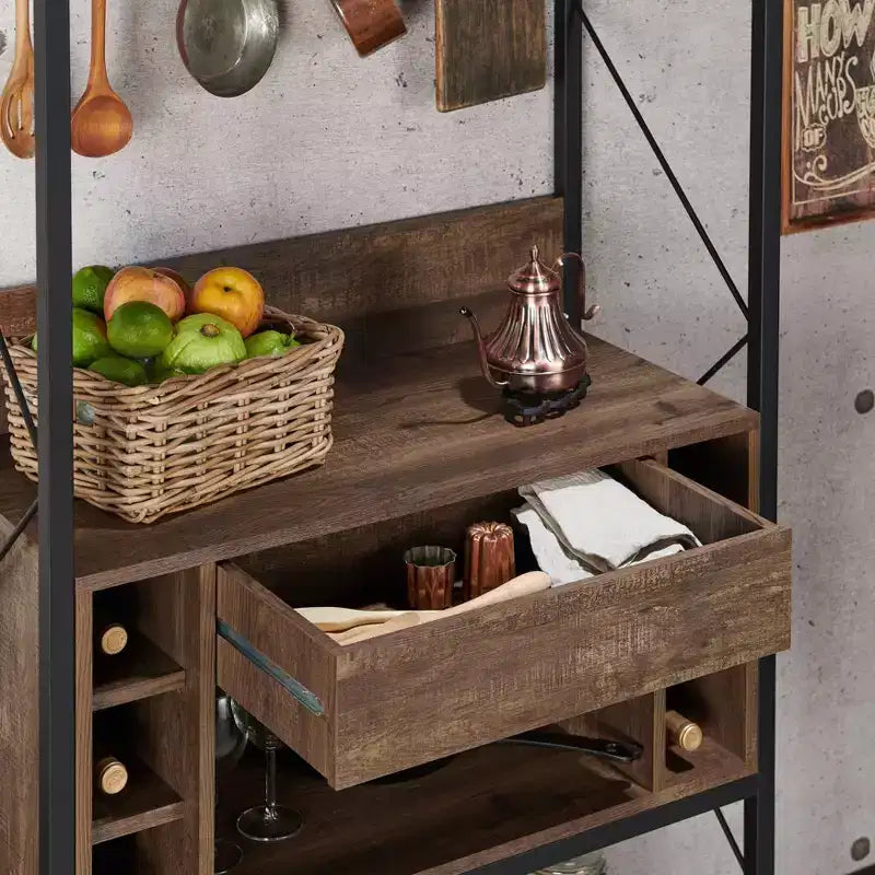 Scaffale da Panettiere Rustico in Rovere di Recupero, Stile Industriale, 3 Ripiani Fissi, Struttura in Metallo, Altezza 170 cm