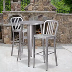 Flash Furniture Commercial Grade 24 Round Metal Indoor-Outdoor Bar Table Set with 2 Vertical Slat Back Stools