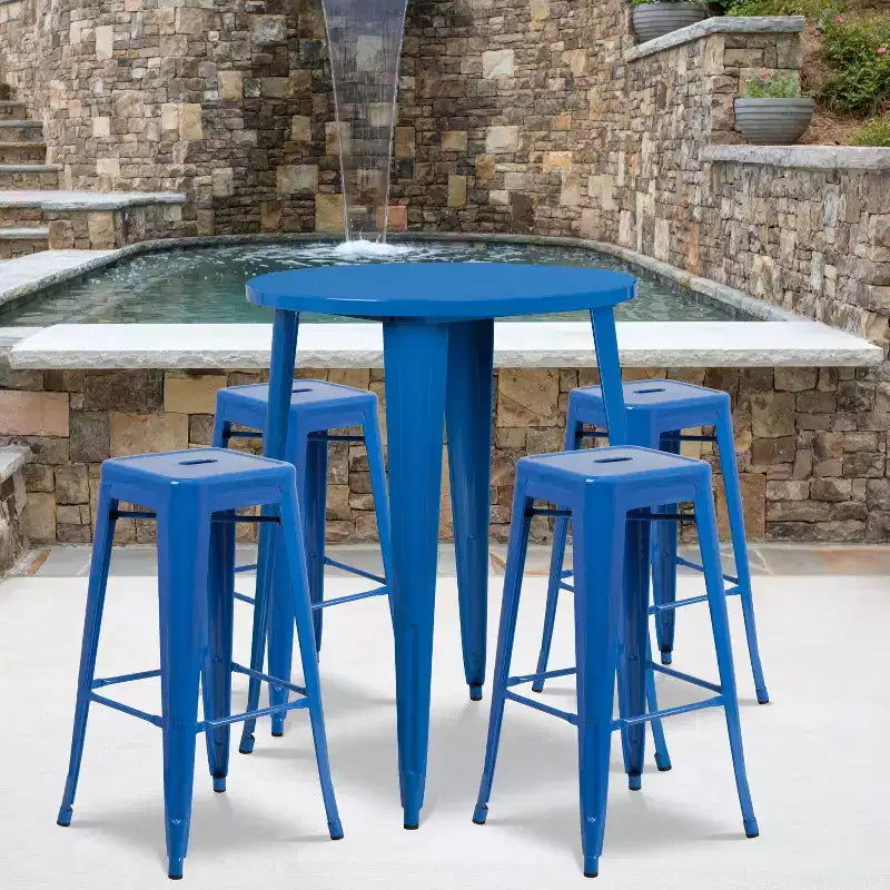 Flash Furniture Commercial Grade 30 Round Metal Indoor-Outdoor Bar Table Set with 4 Square Seat Backless Stools