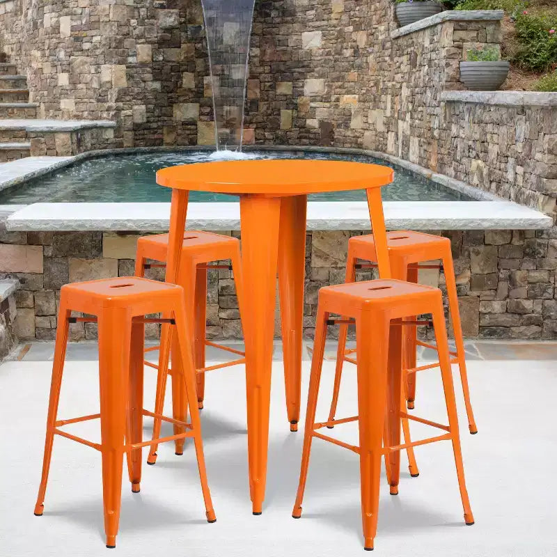 Flash Furniture Commercial Grade 30 Round Metal Indoor-Outdoor Bar Table Set with 4 Square Seat Backless Stools