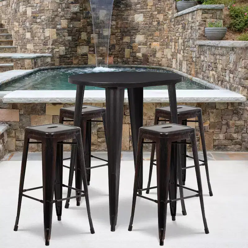 Flash Furniture Commercial Grade 30 Round Metal Indoor-Outdoor Bar Table Set with 4 Square Seat Backless Stools