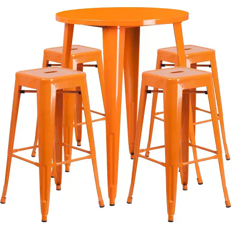 Flash Furniture Commercial Grade 30 Round Metal Indoor-Outdoor Bar Table Set with 4 Square Seat Backless Stools