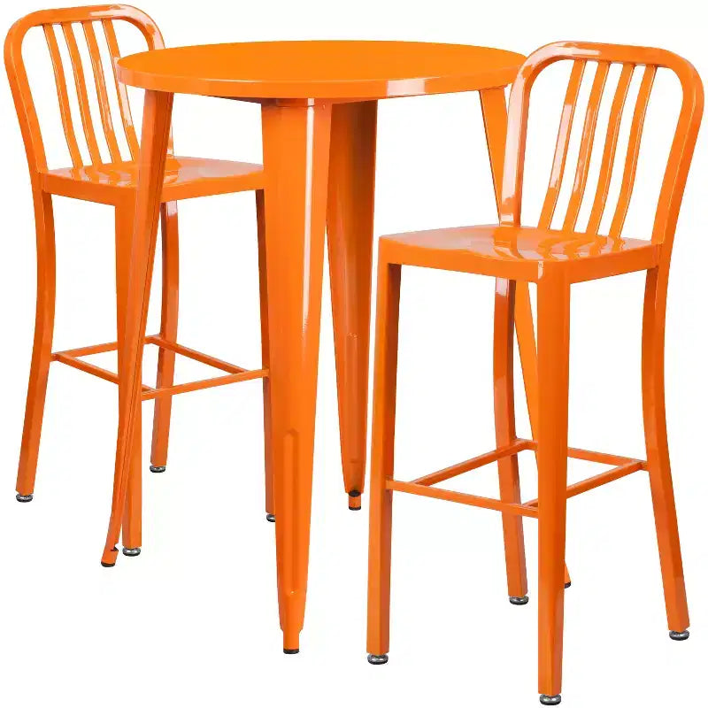Flash Furniture Commercial Grade 30 Round Metal Indoor-Outdoor Bar Table Set with 2 Vertical Slat Back Stools