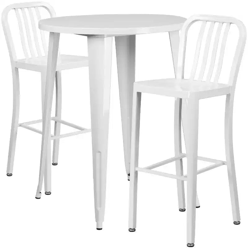 Flash Furniture Commercial Grade 30 Round Metal Indoor-Outdoor Bar Table Set with 2 Vertical Slat Back Stools