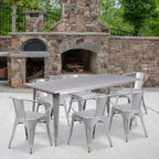 Flash Furniture Commercial Grade 31.5 x 63 Rectangular Metal Indoor-Outdoor Table Set with 6 Arm Chairs
