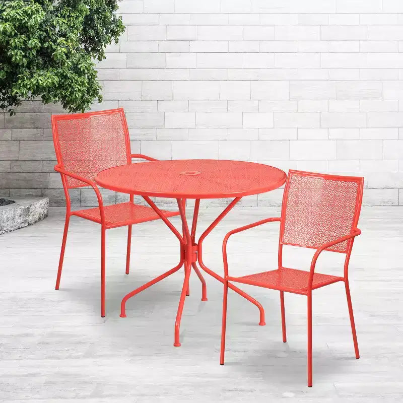 Flash Furniture Oia Commercial Grade 35.25 Round Indoor-Outdoor Steel Patio Table Set with 2 Square Back Chairs