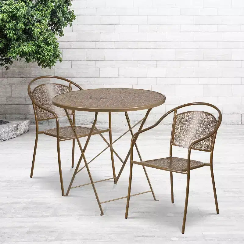 Ensemble de table de patio pliable ronde en acier Oia de qualité commerciale Flash Furniture de 76,2 cm pour l'intérieur et l'extérieur avec 2 chaises à dossier rond