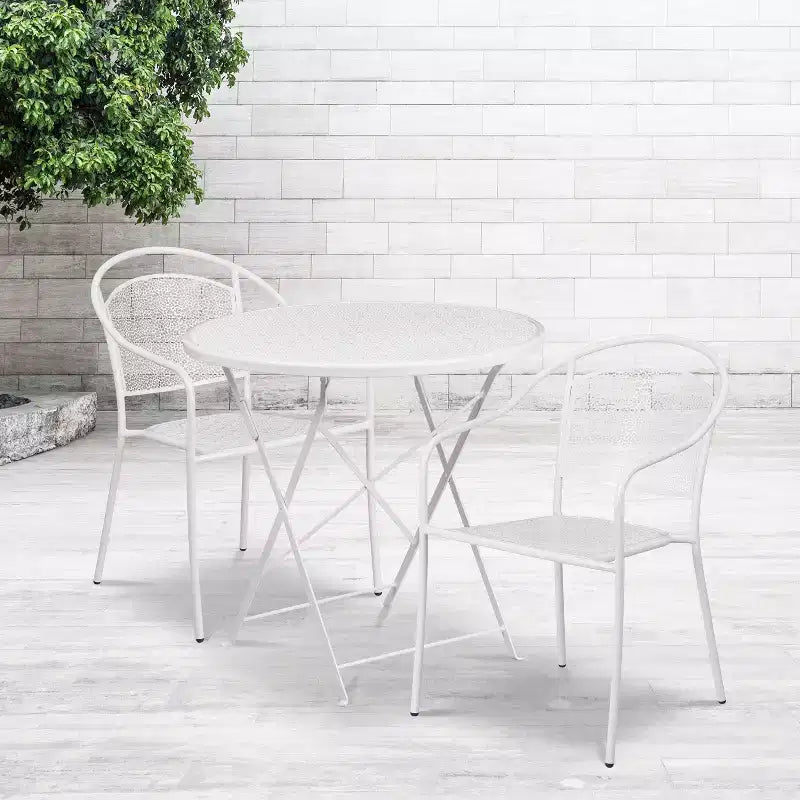 Ensemble de table de patio pliable ronde en acier Oia de qualité commerciale Flash Furniture de 76,2 cm pour l'intérieur et l'extérieur avec 2 chaises à dossier rond