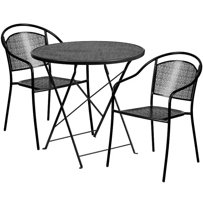 Ensemble de table de patio pliable ronde en acier Oia de qualité commerciale Flash Furniture de 76,2 cm pour l'intérieur et l'extérieur avec 2 chaises à dossier rond