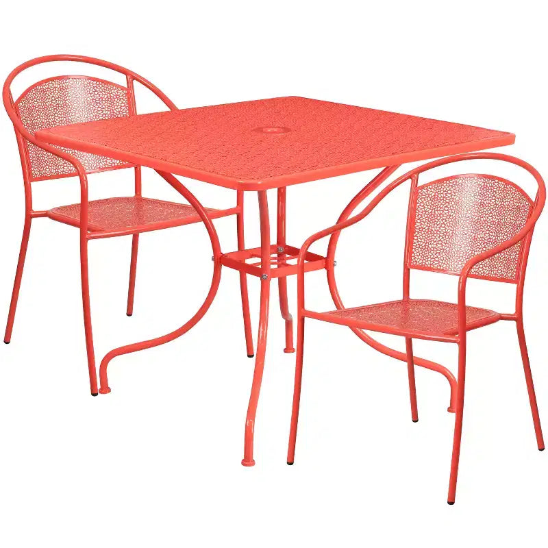 Flash Furniture Oia Commercial Grade 35.5 Square Indoor-Outdoor Steel Patio Table Set with 2 Round Back Chairs