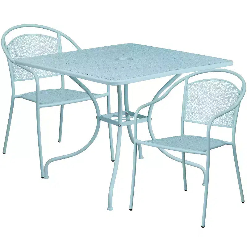 Flash Furniture Oia Commercial Grade 35.5 Square Indoor-Outdoor Steel Patio Table Set with 2 Round Back Chairs