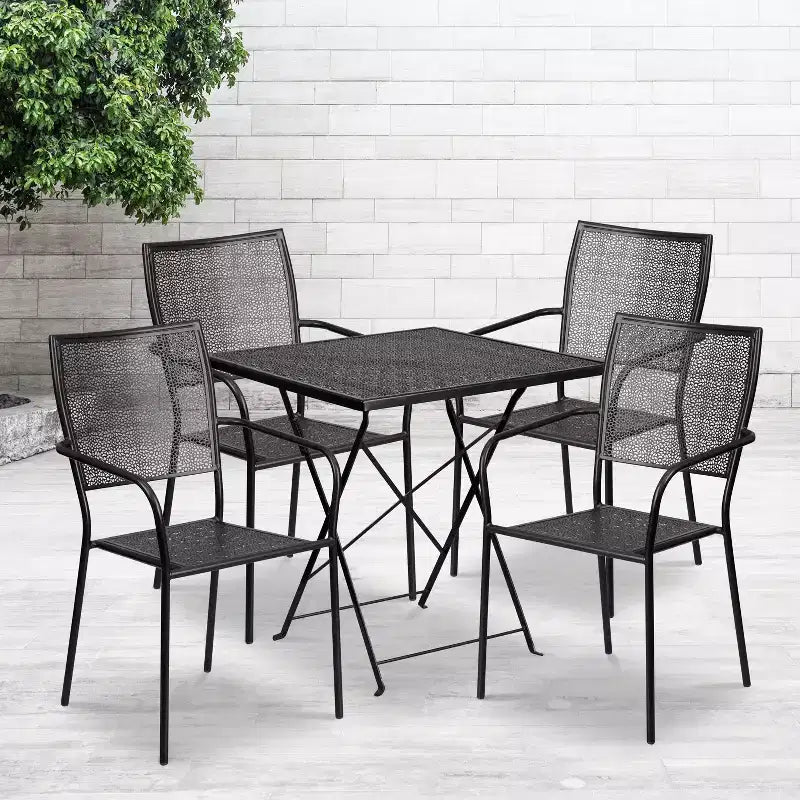 Emma and Oliver Commercial 28 Square Metal Folding Patio Table Set w/ 4 Square Back Chairs