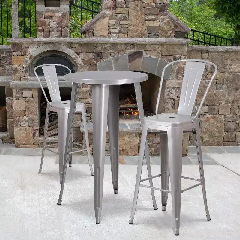 Emma and Oliver Commercial Grade 24 Round Metal Indoor-Outdoor Bar Table Set with 2 Cafe Stools