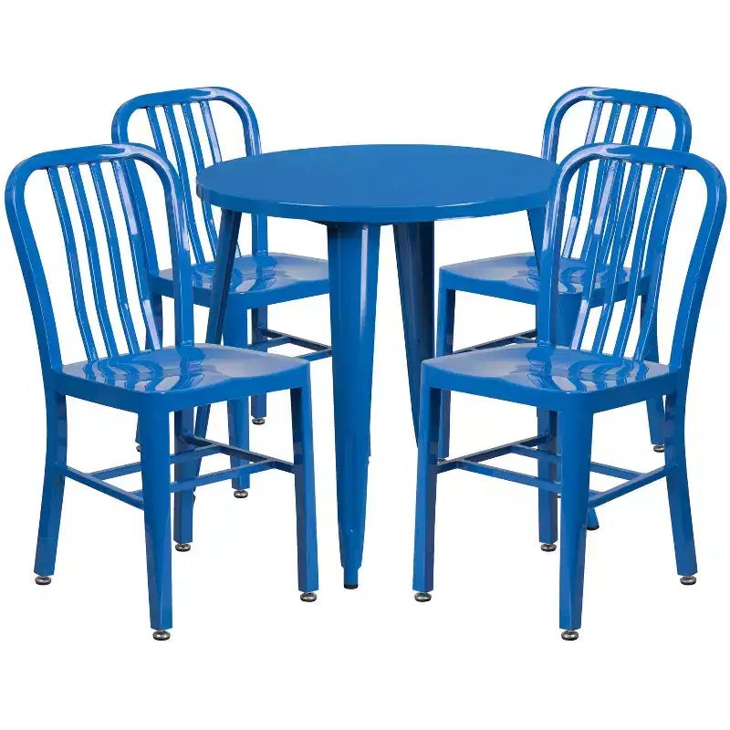 Emma and Oliver Commercial Grade 30 Round Metal Indoor-Outdoor Table Set & 4 Slat Back Chairs