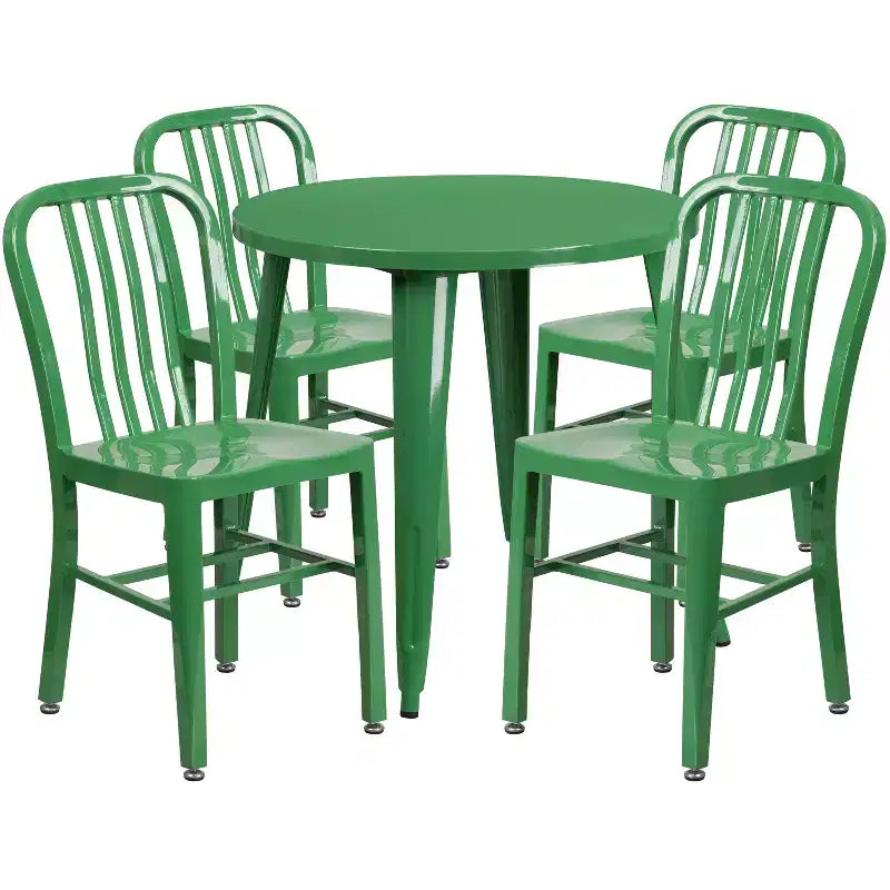 Emma and Oliver Commercial Grade 30 Round Metal Indoor-Outdoor Table Set & 4 Slat Back Chairs