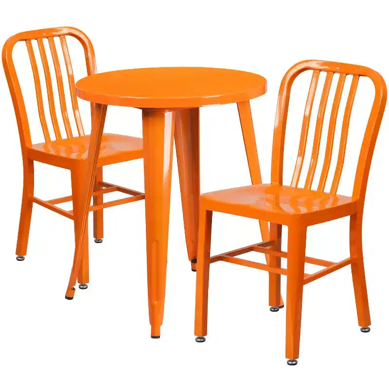 Emma and Oliver Commercial Grade 24 Round Metal Indoor-Outdoor Table Set & 2 Slat Back Chairs