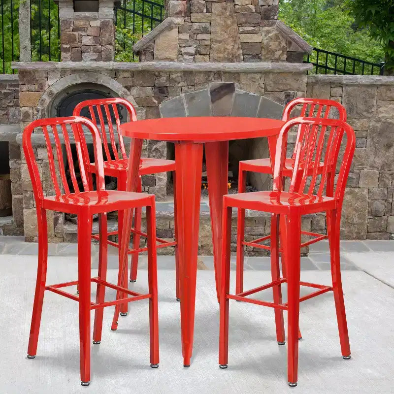 Emma and Oliver Commercial 30 Round Metal Indoor-Outdoor Bar Table Set & 4 Slat Back Stools