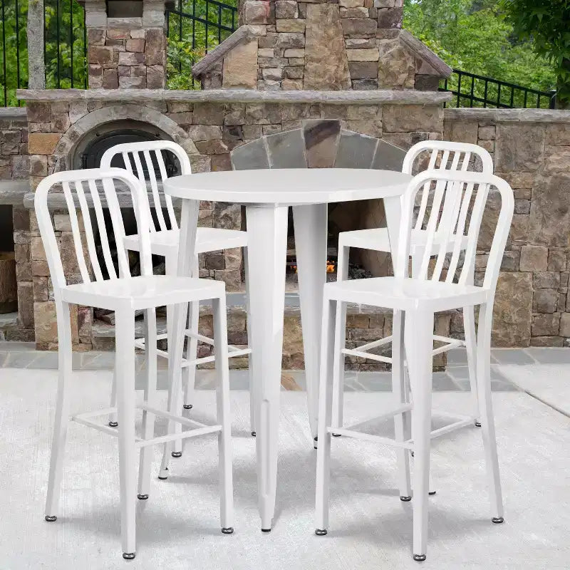Emma and Oliver Commercial 30 Round Metal Indoor-Outdoor Bar Table Set & 4 Slat Back Stools