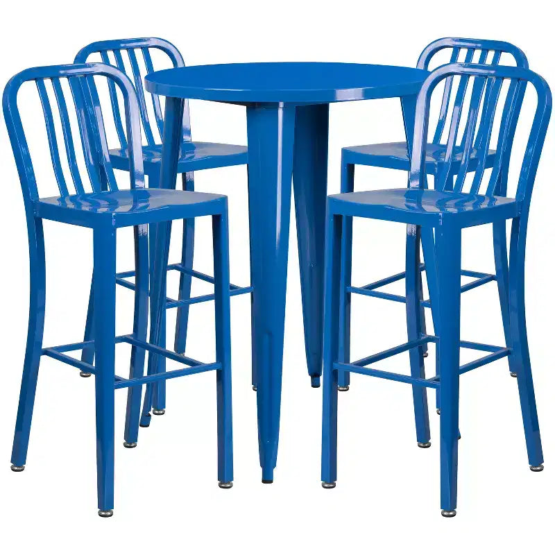 Emma and Oliver Commercial 30 Round Metal Indoor-Outdoor Bar Table Set & 4 Slat Back Stools