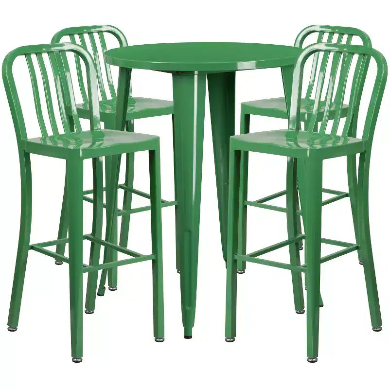 Emma and Oliver Commercial 30 Round Metal Indoor-Outdoor Bar Table Set & 4 Slat Back Stools