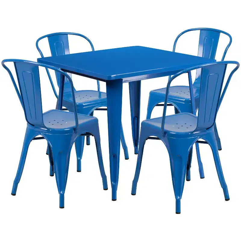 Emma and Oliver Commercial Grade 31.5 Square Metal Indoor-Outdoor Table Set with 4 Stack Chairs
