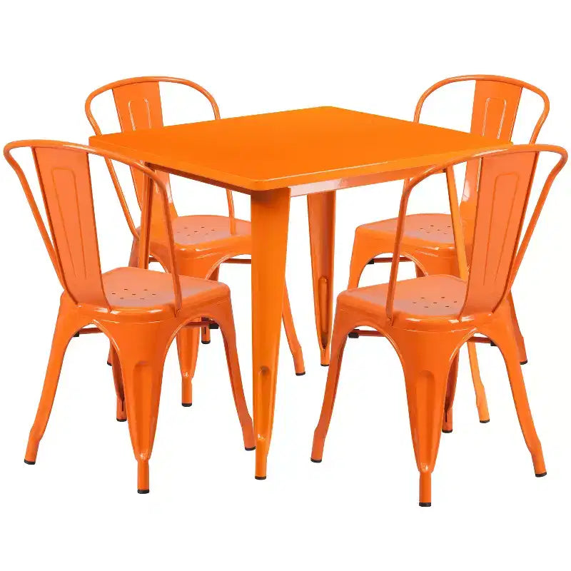 Emma and Oliver Commercial Grade 31.5 Square Metal Indoor-Outdoor Table Set with 4 Stack Chairs