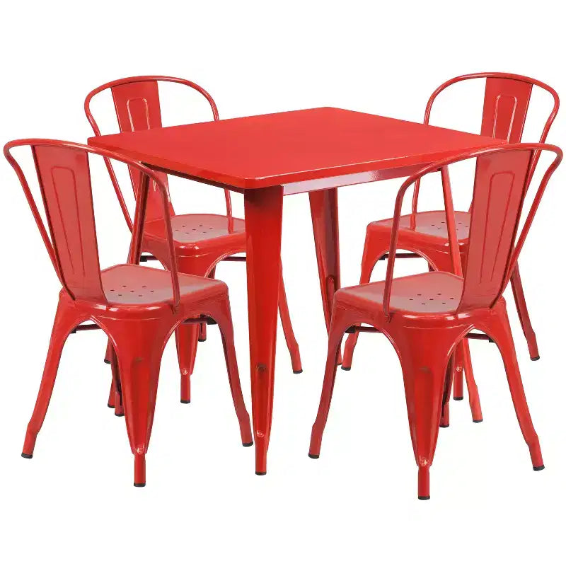 Emma and Oliver Commercial Grade 31.5 Square Metal Indoor-Outdoor Table Set with 4 Stack Chairs