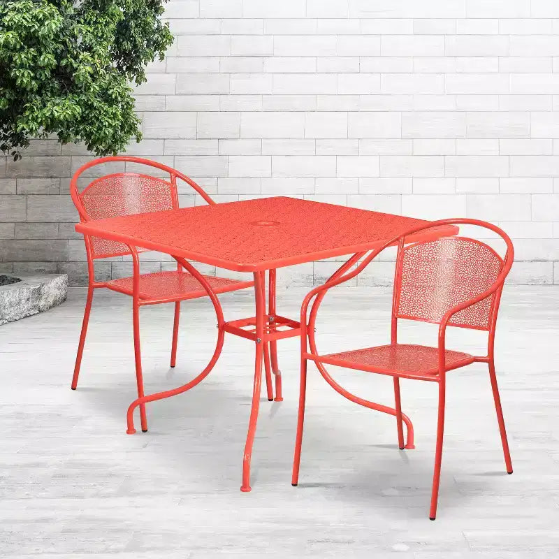 Emma and Oliver Commercial 35.5 Square Metal Garden Patio Table Set w/ 2 Round Back Chairs