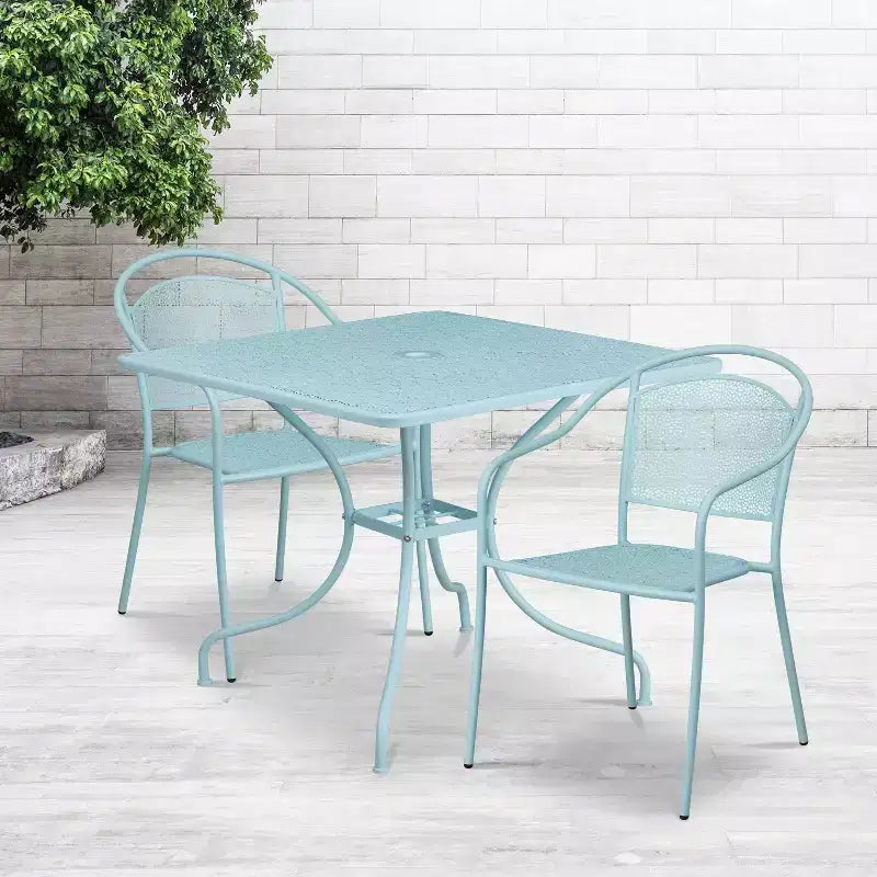 Emma and Oliver Commercial 35.5 Square Metal Garden Patio Table Set w/ 2 Round Back Chairs