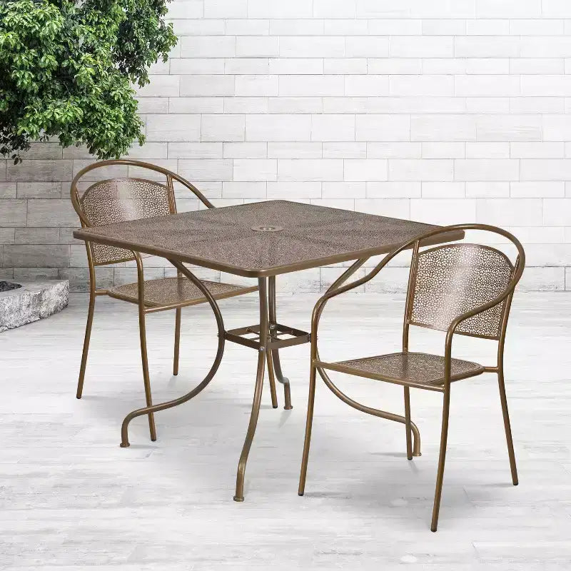 Emma and Oliver Commercial 35.5 Square Metal Garden Patio Table Set w/ 2 Round Back Chairs