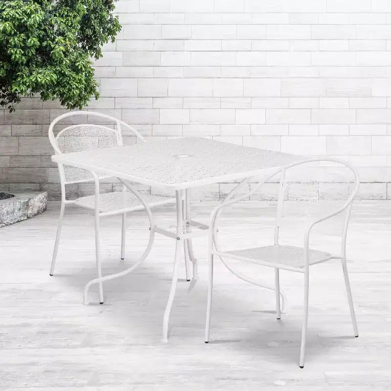 Emma and Oliver Commercial 35.5 Square Metal Garden Patio Table Set w/ 2 Round Back Chairs